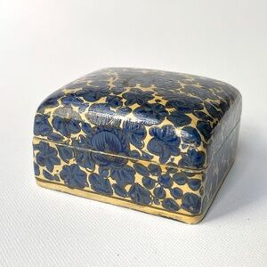 Vintage Kashmir India Lacquered Trinket Box Blue Flowers